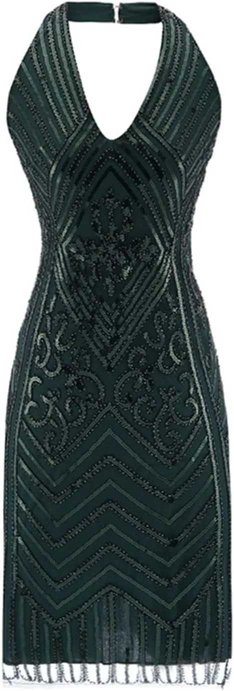 1920 Style Dresses for Women Gatsby Sexy Halter Neck Plus Szie Dress Roaring 20s Art Deco Cocktail Party Dresses
