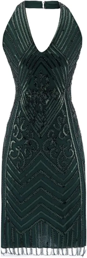 1920 Style Dresses for Women Gatsby Sexy Halter Neck Plus Szie Dress Roaring 20s Art Deco Cocktail Party Dresses