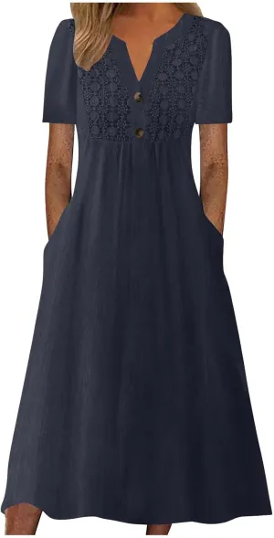 2025 Summer Boho Maxi Dress for Women V-Neck Button & Lace Trim Beach Vacation Dress with Pockets Loose Sundress
