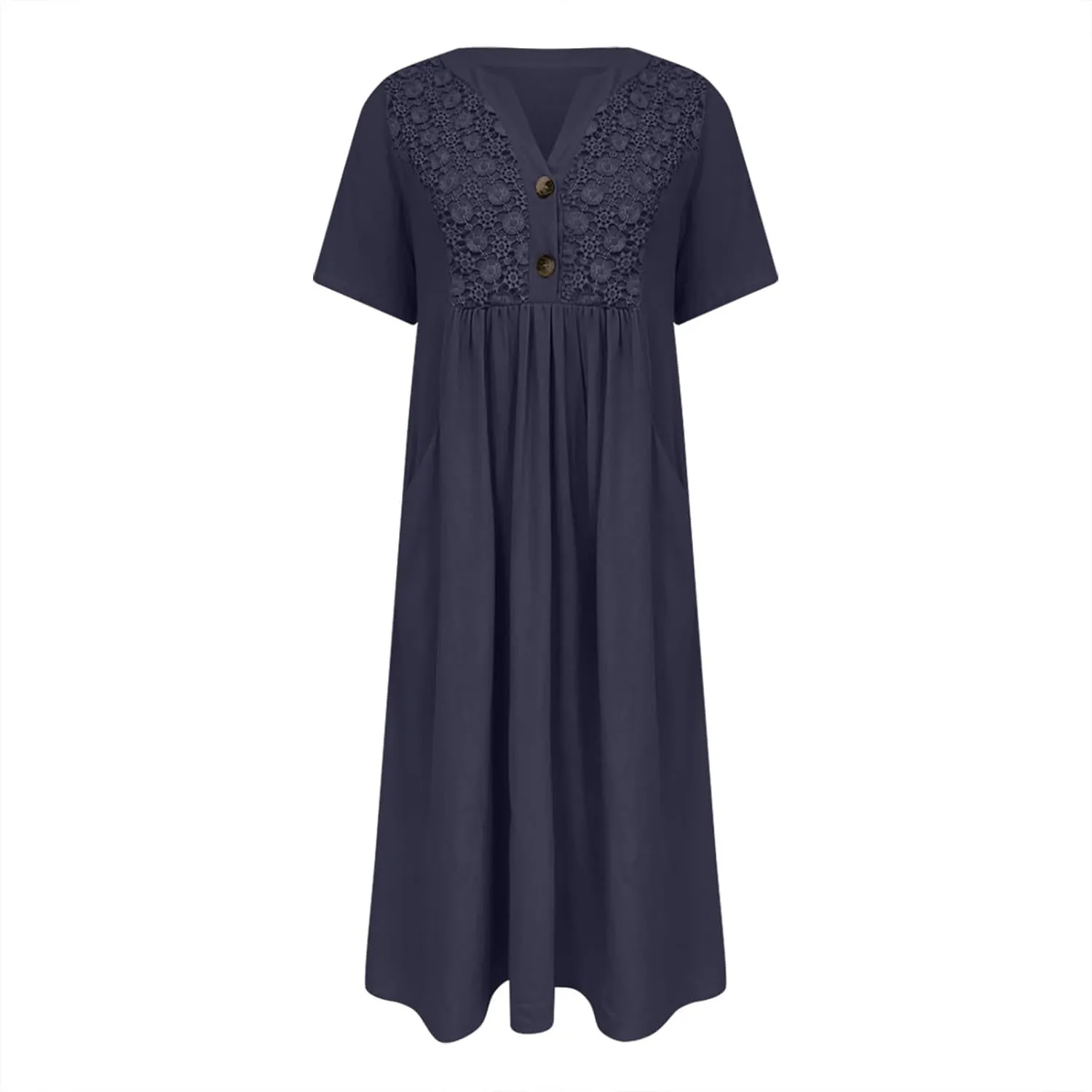2025 Summer Boho Maxi Dress for Women V-Neck Button & Lace Trim Beach Vacation Dress with Pockets Loose Sundress