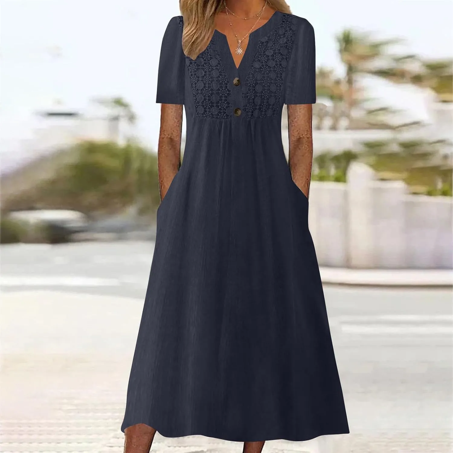 2025 Summer Boho Maxi Dress for Women V-Neck Button & Lace Trim Beach Vacation Dress with Pockets Loose Sundress