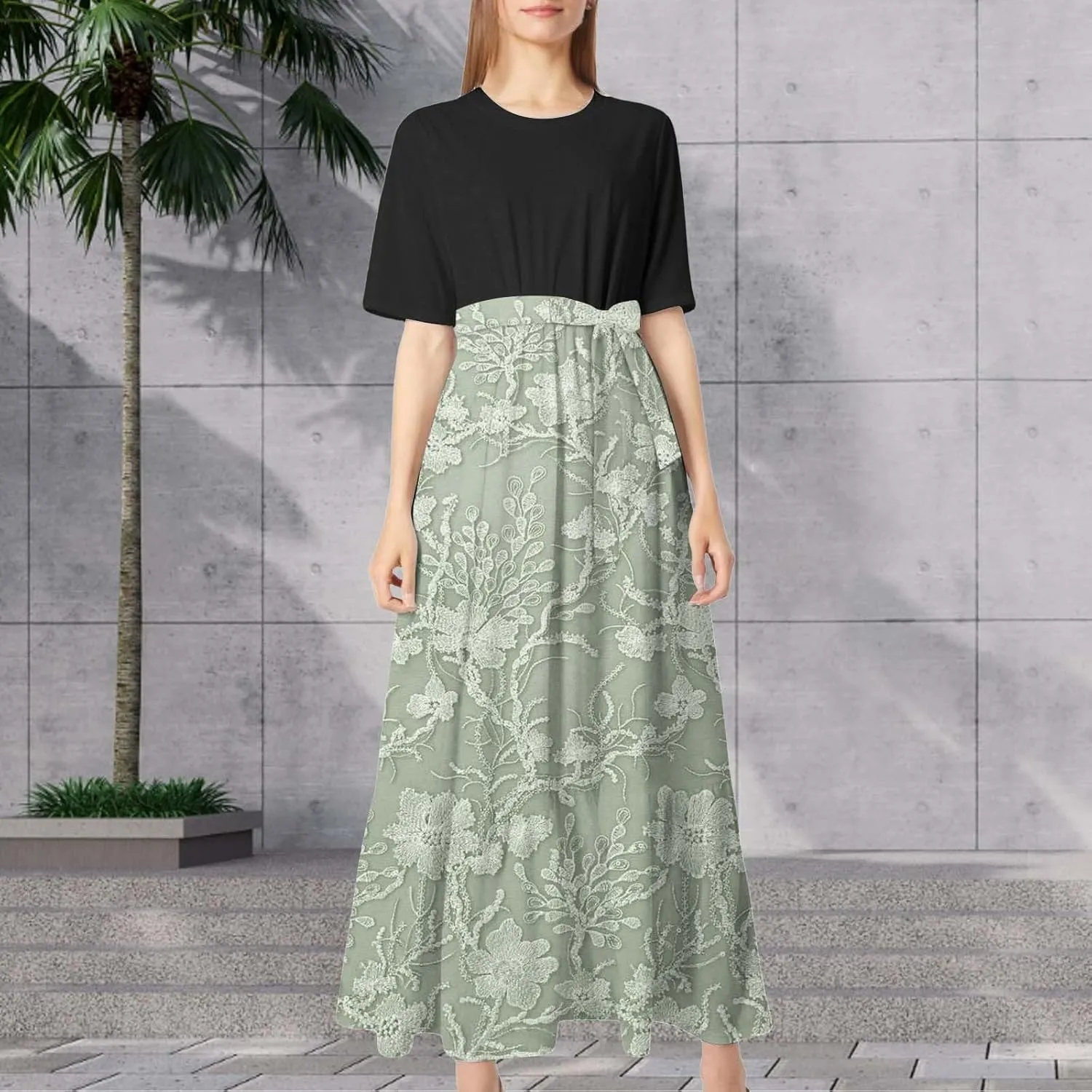 2025 Summer Maxi Dresses for Women Short Sleeve Floral Maxi Dress Trendy High Waist Long Dresses Business Work Dress