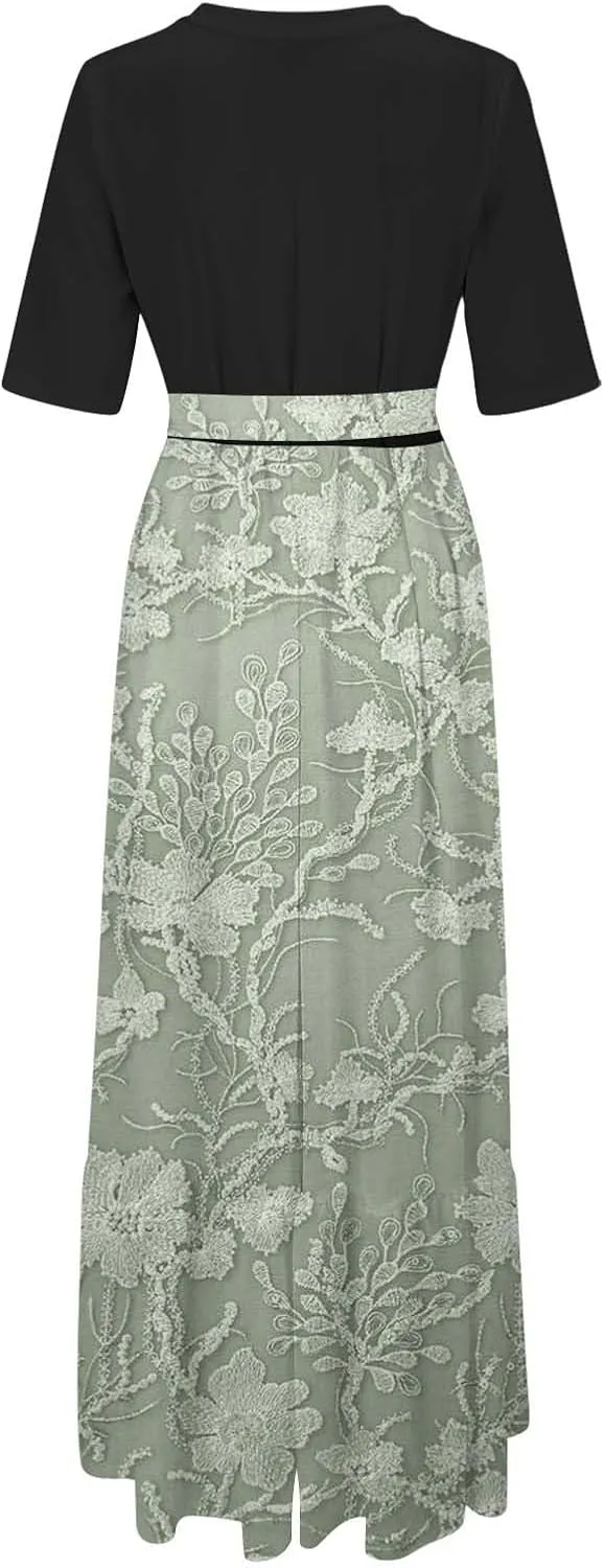 2025 Summer Maxi Dresses for Women Short Sleeve Floral Maxi Dress Trendy High Waist Long Dresses Business Work Dress