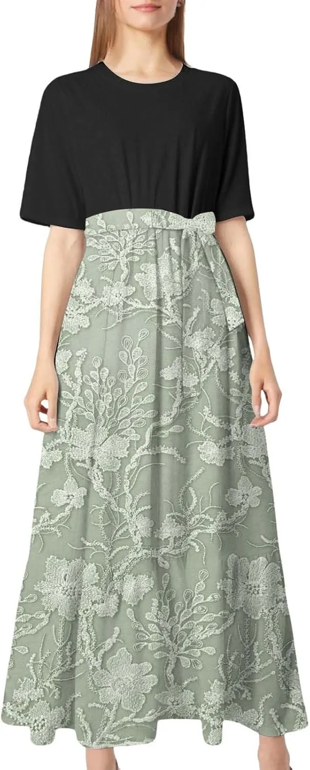 2025 Summer Maxi Dresses for Women Short Sleeve Floral Maxi Dress Trendy High Waist Long Dresses Business Work Dress