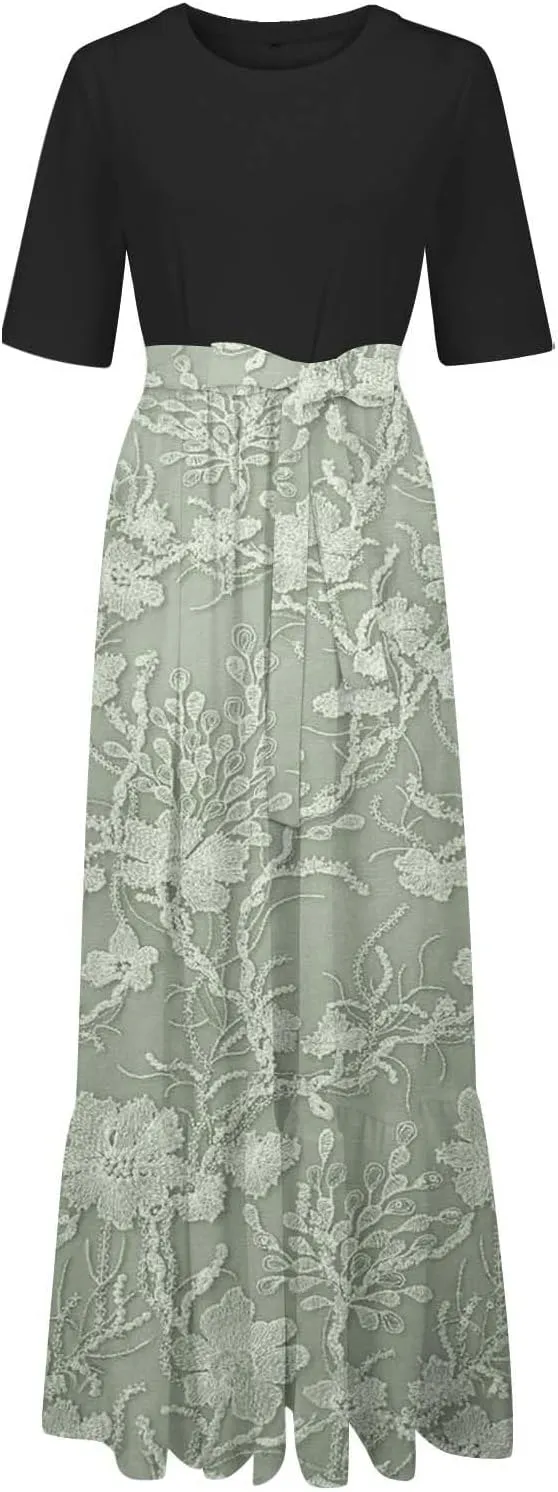 2025 Summer Maxi Dresses for Women Short Sleeve Floral Maxi Dress Trendy High Waist Long Dresses Business Work Dress