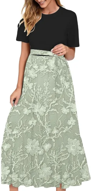 2025 Summer Maxi Dresses for Women Short Sleeve Floral Maxi Dress Trendy High Waist Long Dresses Business Work Dress