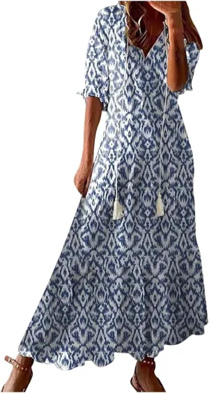 2025 Summer Women's Boho Printed Dress Casual V-Neck Three-Quarter Sleeve Dresses Loose Flowy Aline Long Dress
