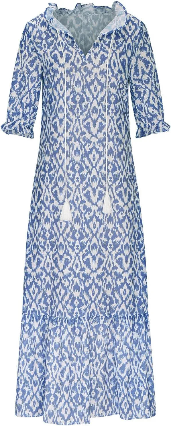 2025 Summer Women's Boho Printed Dress Casual V-Neck Three-Quarter Sleeve Dresses Loose Flowy Aline Long Dress