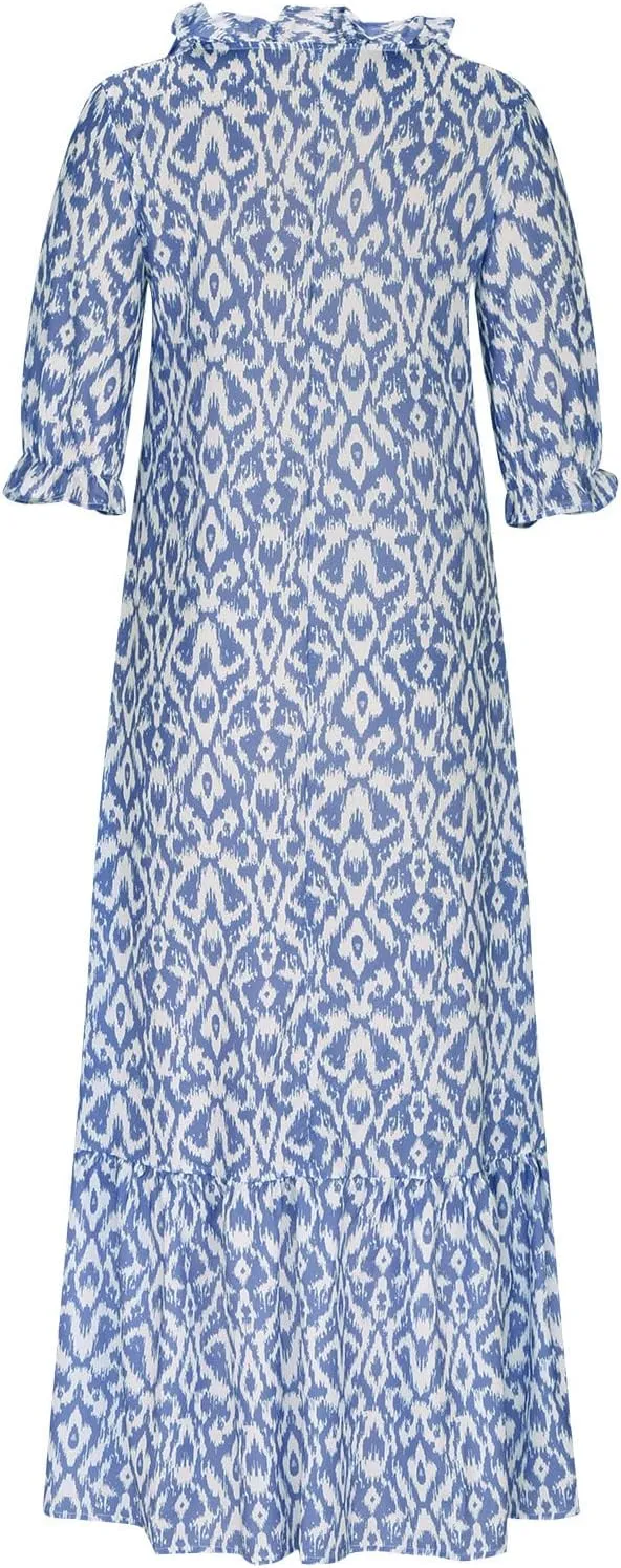 2025 Summer Women's Boho Printed Dress Casual V-Neck Three-Quarter Sleeve Dresses Loose Flowy Aline Long Dress