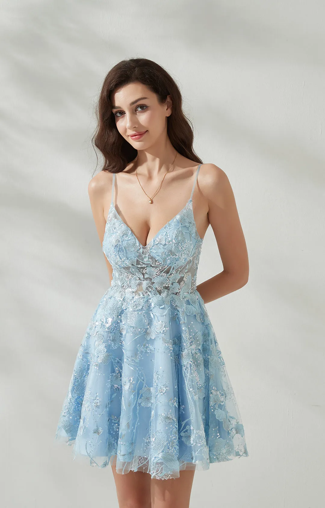 A-line V-Neck Spaghetti Straps Back Zipper Homecoming Mini Dress