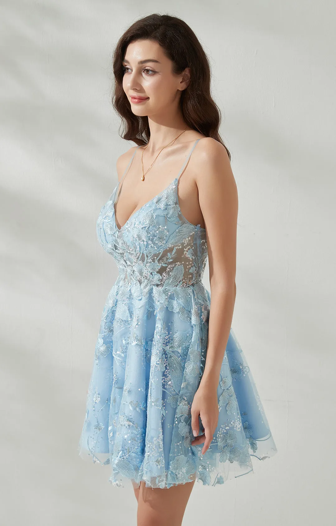 A-line V-Neck Spaghetti Straps Back Zipper Homecoming Mini Dress