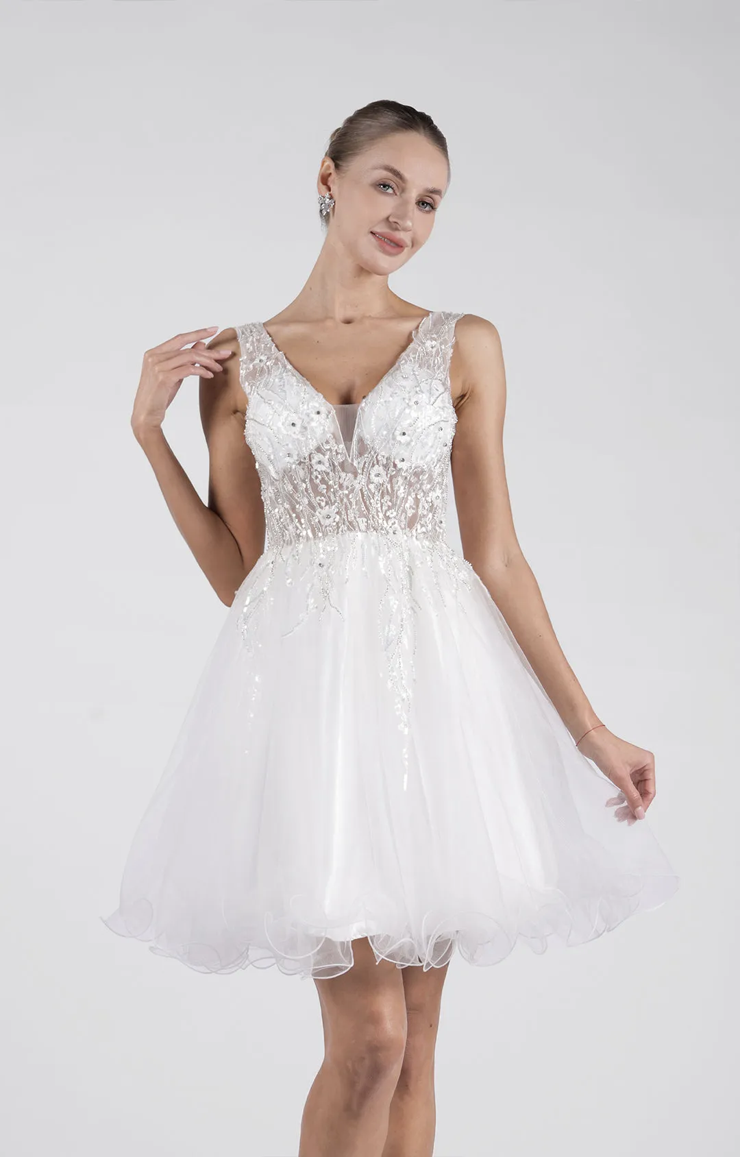 A-line V-Neck Wide Straps Sequins Appliqued Puffy Mini Dress