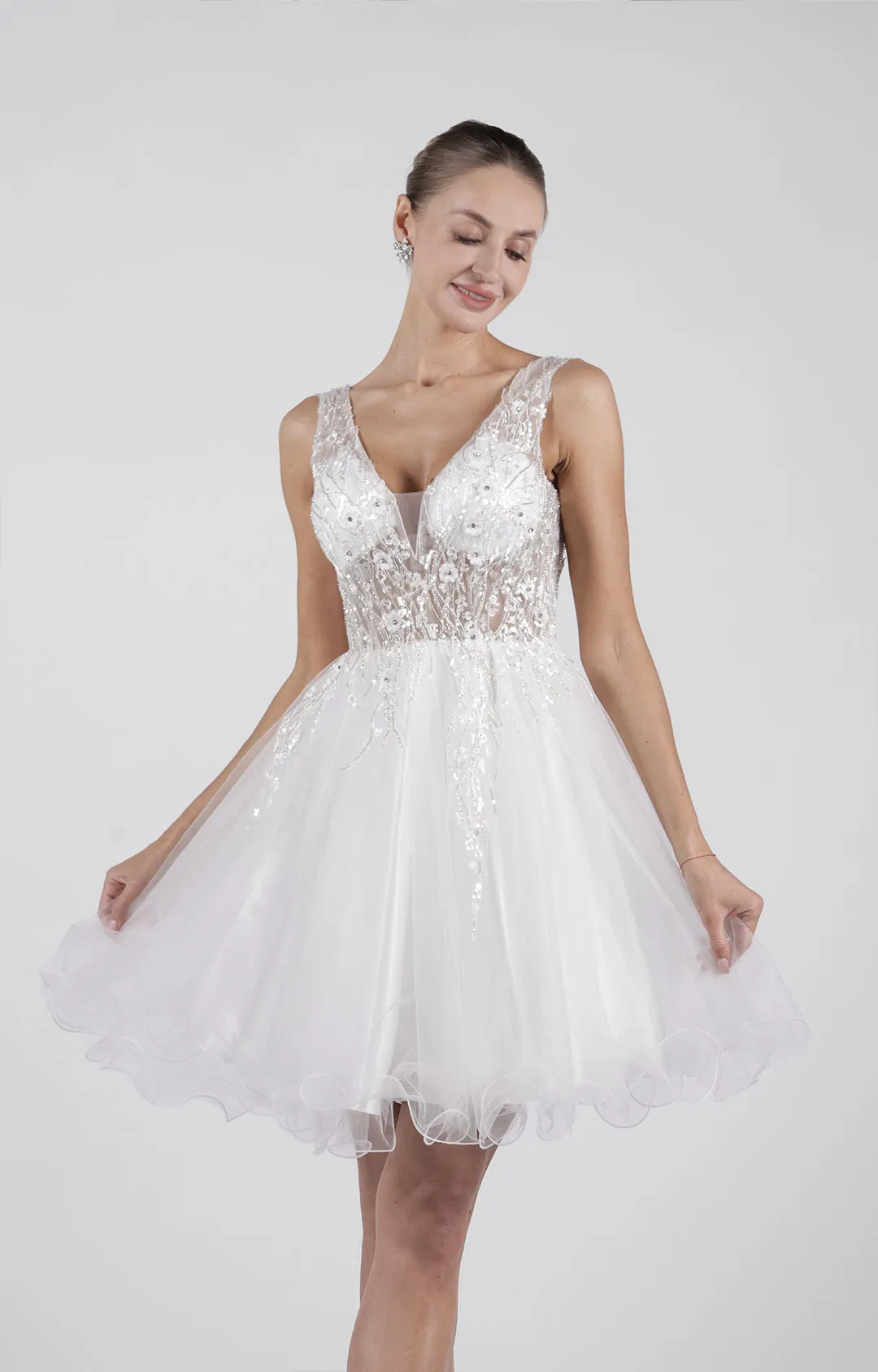 A-line V-Neck Wide Straps Sequins Appliqued Puffy Mini Dress