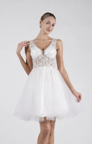 A-line V-Neck Wide Straps Sequins Appliqued Puffy Mini Dress
