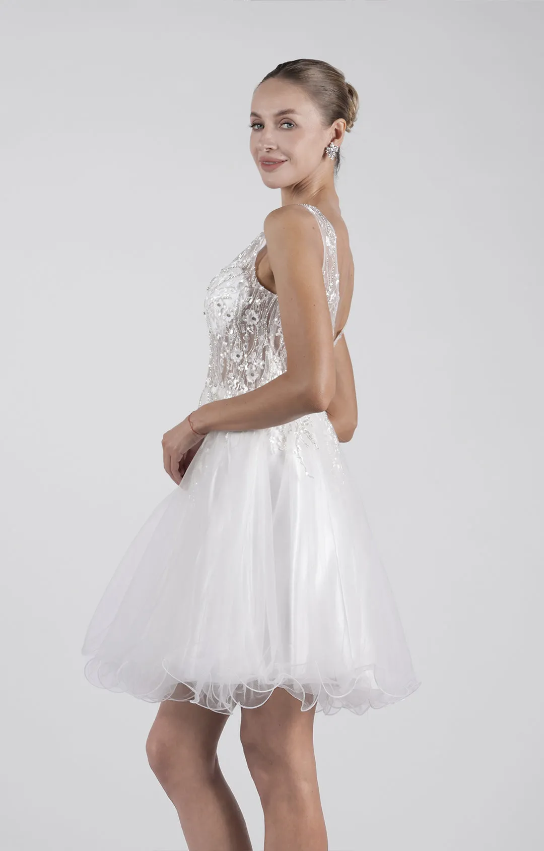 A-line V-Neck Wide Straps Sequins Appliqued Puffy Mini Dress