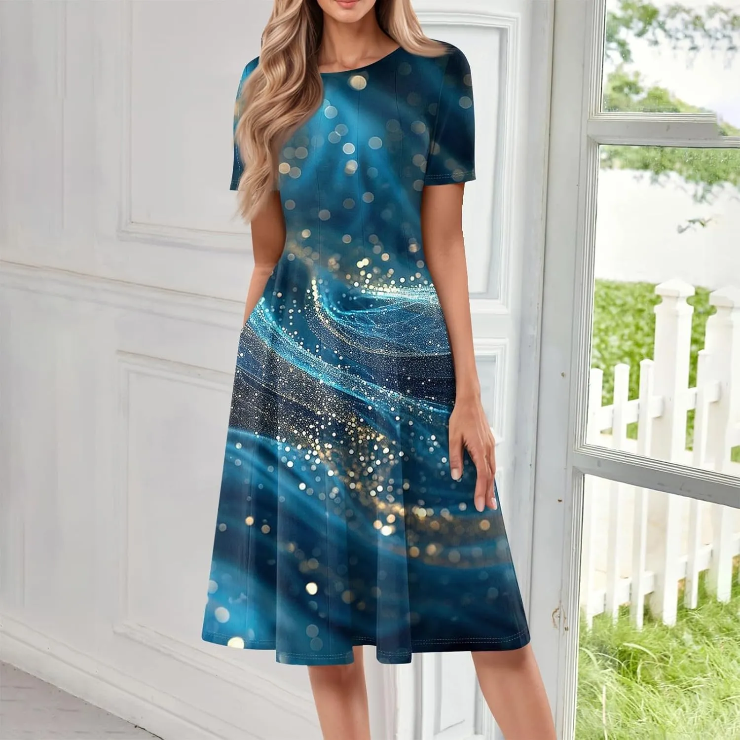 ADHOWBEW Summer Dresses for Women 2025 Vacation Cute Casual Trendy Sexy Loose Fit Beach O Neck Short Sleeve Dresses