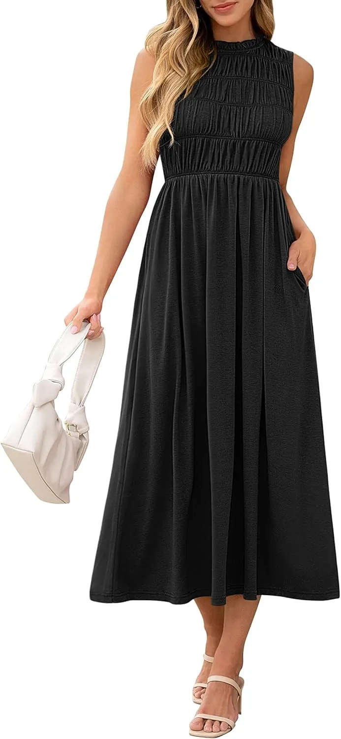 ANRABESS Women's Summer Casual Maxi Dresses Sleeveless Boho Smocked Flowy A-Line 2025 Spring Beach Vacation Sundress Pockets