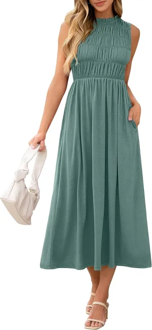 ANRABESS Women's Summer Casual Maxi Dresses Sleeveless Boho Smocked Flowy A-Line 2025 Spring Beach Vacation Sundress Pockets