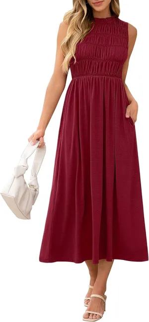 ANRABESS Women's Summer Casual Maxi Dresses Sleeveless Boho Smocked Flowy A-Line 2025 Spring Beach Vacation Sundress Pockets