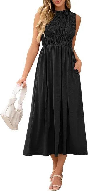 ANRABESS Women's Summer Casual Maxi Dresses Sleeveless Boho Smocked Flowy A-Line 2025 Spring Beach Vacation Sundress Pockets