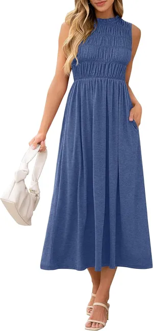 ANRABESS Women's Summer Casual Maxi Dresses Sleeveless Boho Smocked Flowy A-Line 2025 Spring Beach Vacation Sundress Pockets