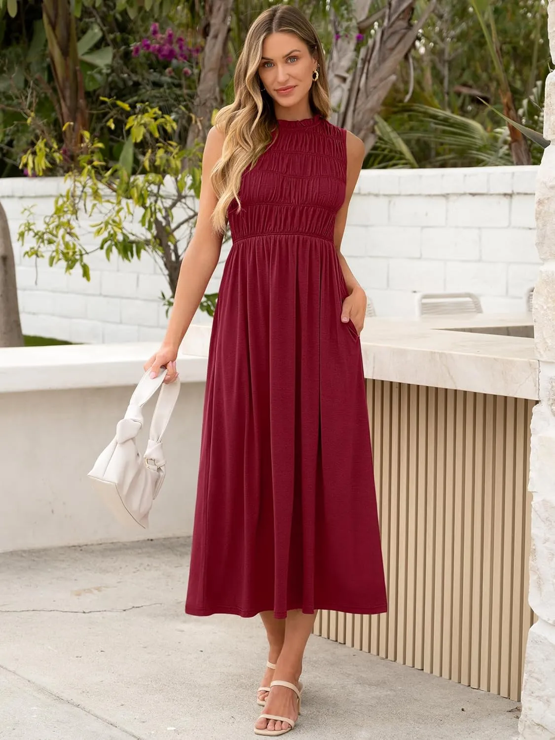 ANRABESS Women's Summer Casual Maxi Dresses Sleeveless Boho Smocked Flowy A-Line 2025 Spring Beach Vacation Sundress Pockets