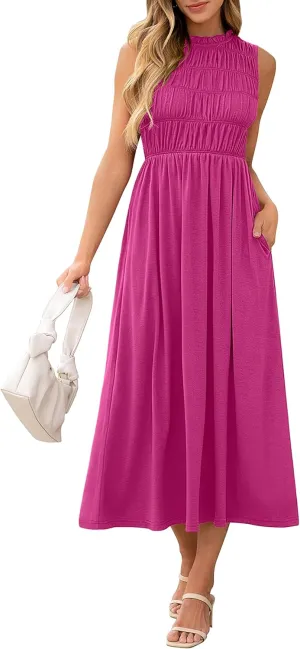 ANRABESS Women's Summer Casual Maxi Dresses Sleeveless Boho Smocked Flowy A-Line 2025 Spring Beach Vacation Sundress Pockets