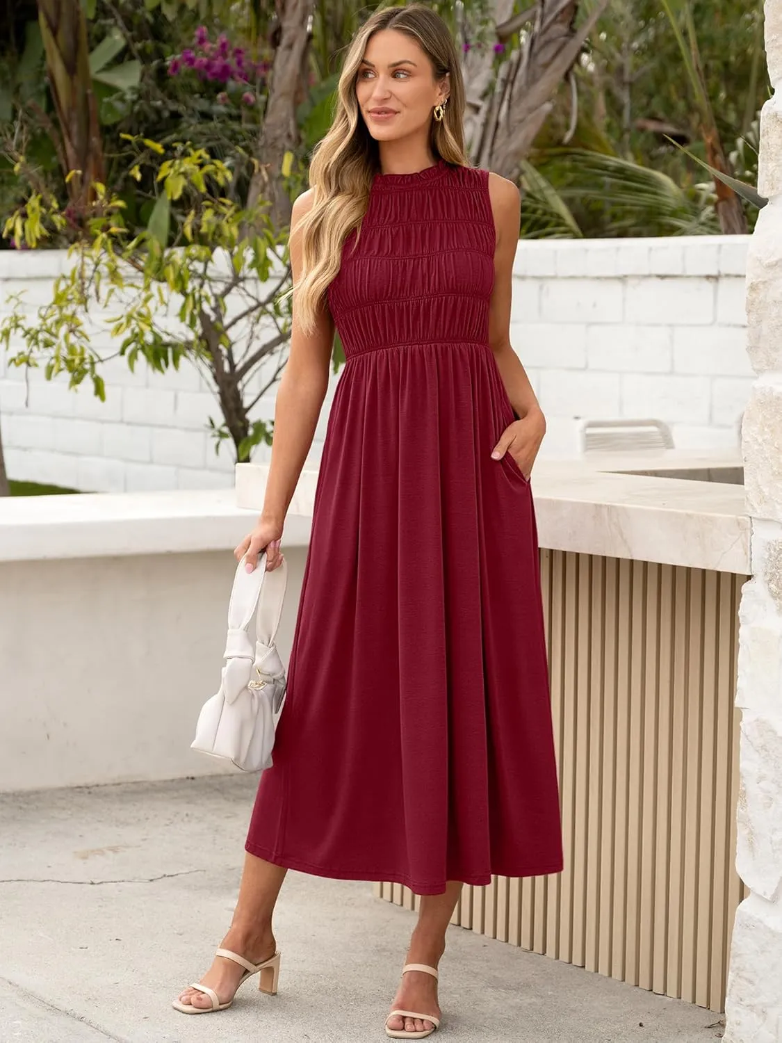 ANRABESS Women's Summer Casual Maxi Dresses Sleeveless Boho Smocked Flowy A-Line 2025 Spring Beach Vacation Sundress Pockets