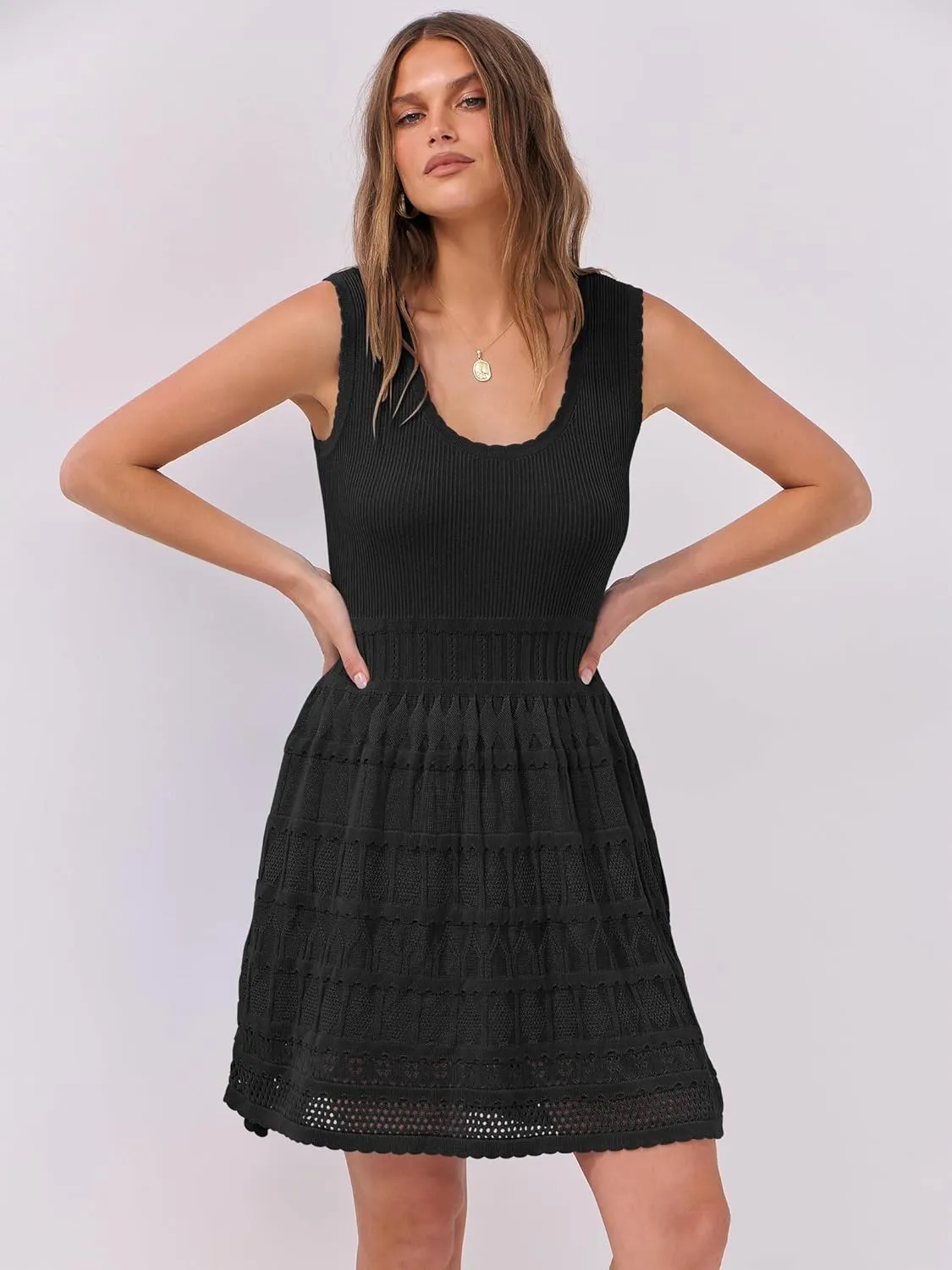 ANRABESS Womens Sundress Beach Vacation Mini Tank Dresses Summer Casual Crochet Knit Scoop Neck Sleeveless Dress
