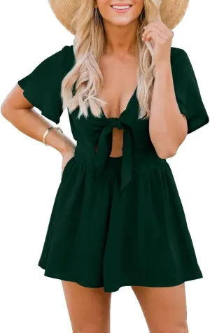 Aoysky Womens Summer Short Rompers Sexy Cute Loose Tie Front Jumpsuit Casual V Neck Wide Leg Beach Overalls