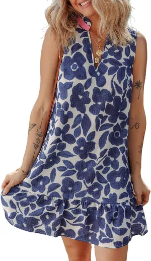 Apvirdy Women's Floral Print Sleeveless Mini Dress Summer Colorblock Notched V Neck Ruffle Hem Tank Dresses