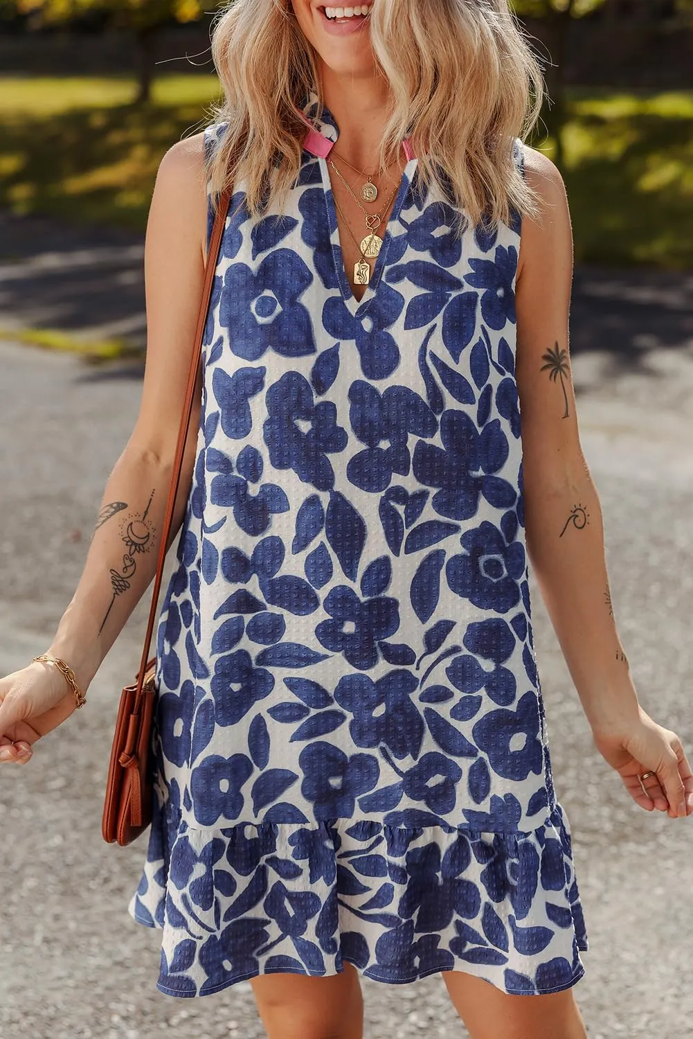 Apvirdy Women's Floral Print Sleeveless Mini Dress Summer Colorblock Notched V Neck Ruffle Hem Tank Dresses