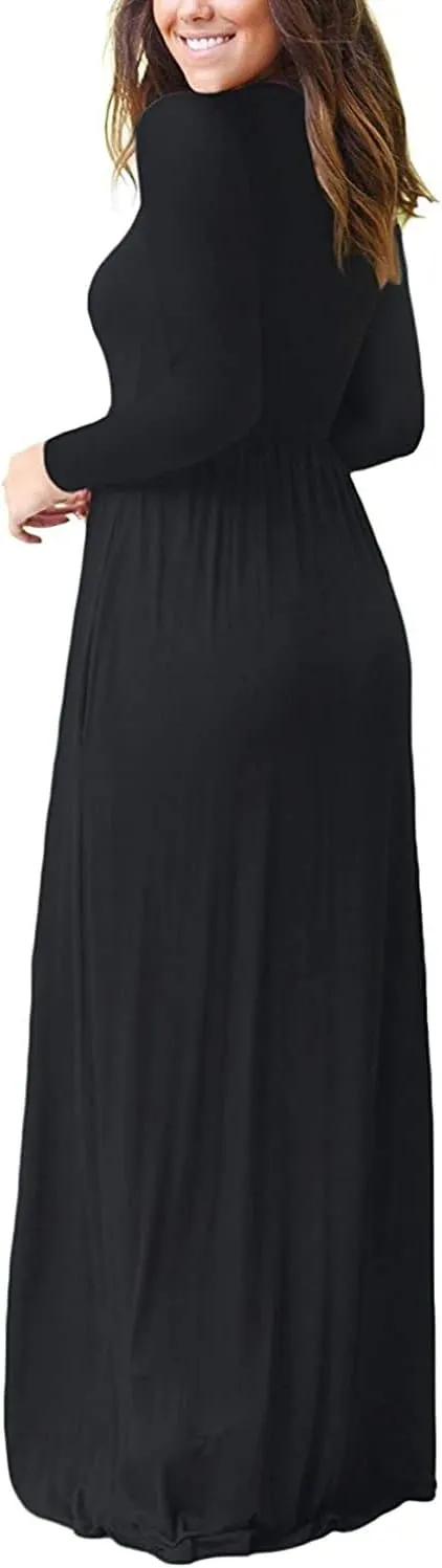 AUSELILY Women's Long Sleeve Dress Loose Plain Long Casual Maxi Dresses with Pockets 2025 New