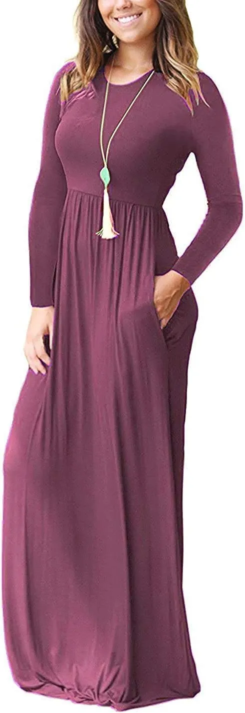 AUSELILY Women's Long Sleeve Dress Loose Plain Long Casual Maxi Dresses with Pockets 2025 New