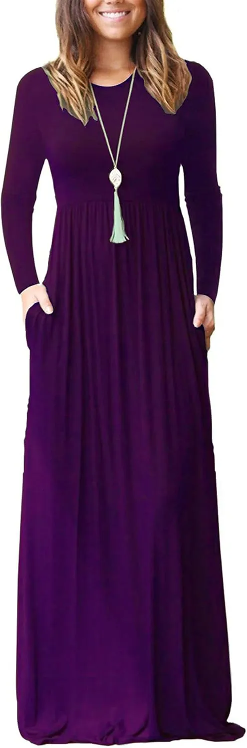 AUSELILY Women's Long Sleeve Dress Loose Plain Long Casual Maxi Dresses with Pockets 2025 New