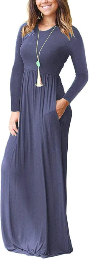 AUSELILY Women's Long Sleeve Dress Loose Plain Long Casual Maxi Dresses with Pockets 2025 New