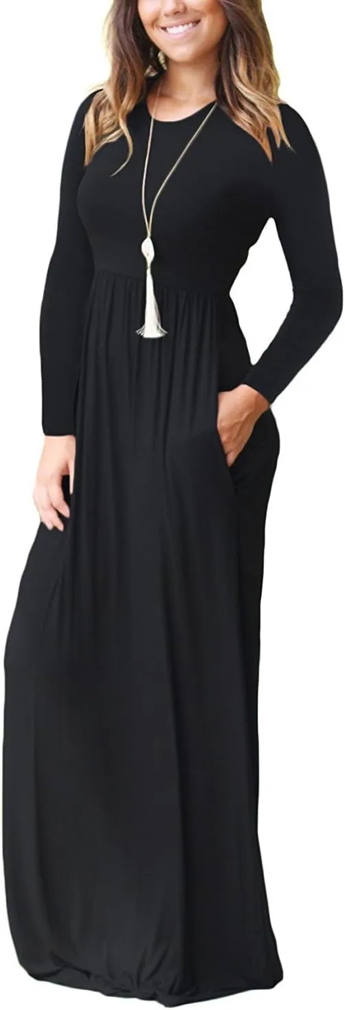 AUSELILY Women's Long Sleeve Dress Loose Plain Long Casual Maxi Dresses with Pockets 2025 New