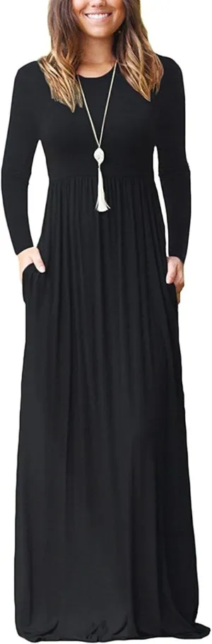 AUSELILY Women's Long Sleeve Dress Loose Plain Long Casual Maxi Dresses with Pockets 2025 New