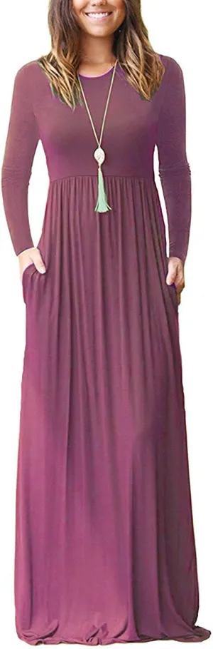 AUSELILY Women's Long Sleeve Dress Loose Plain Long Casual Maxi Dresses with Pockets 2025 New