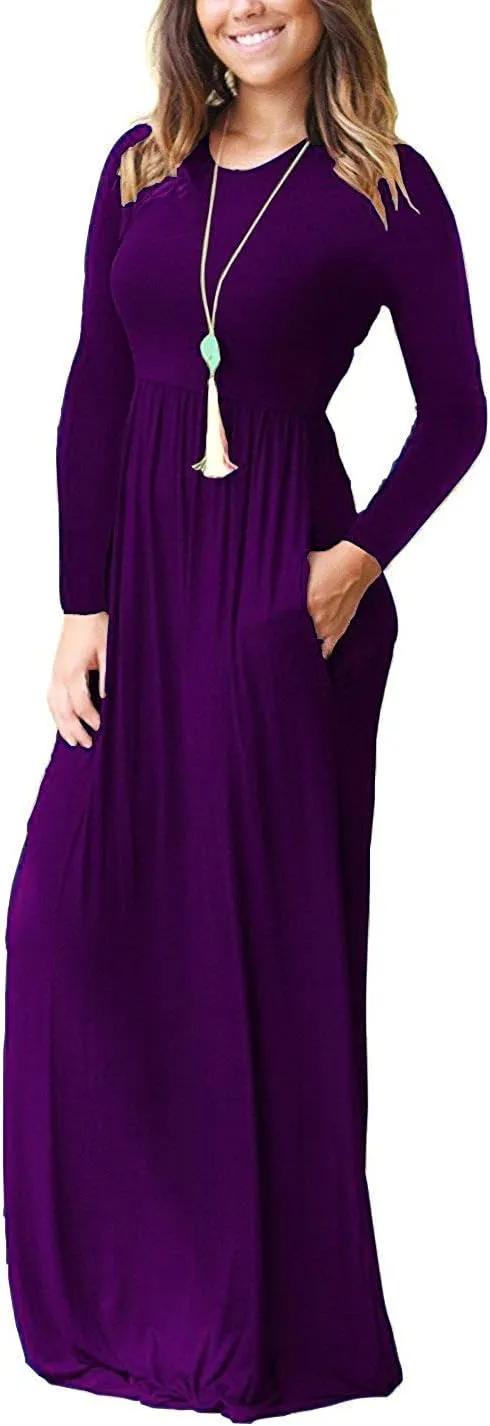 AUSELILY Women's Long Sleeve Dress Loose Plain Long Casual Maxi Dresses with Pockets 2025 New