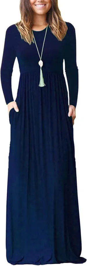 AUSELILY Women's Long Sleeve Dress Loose Plain Long Casual Maxi Dresses with Pockets 2025 New