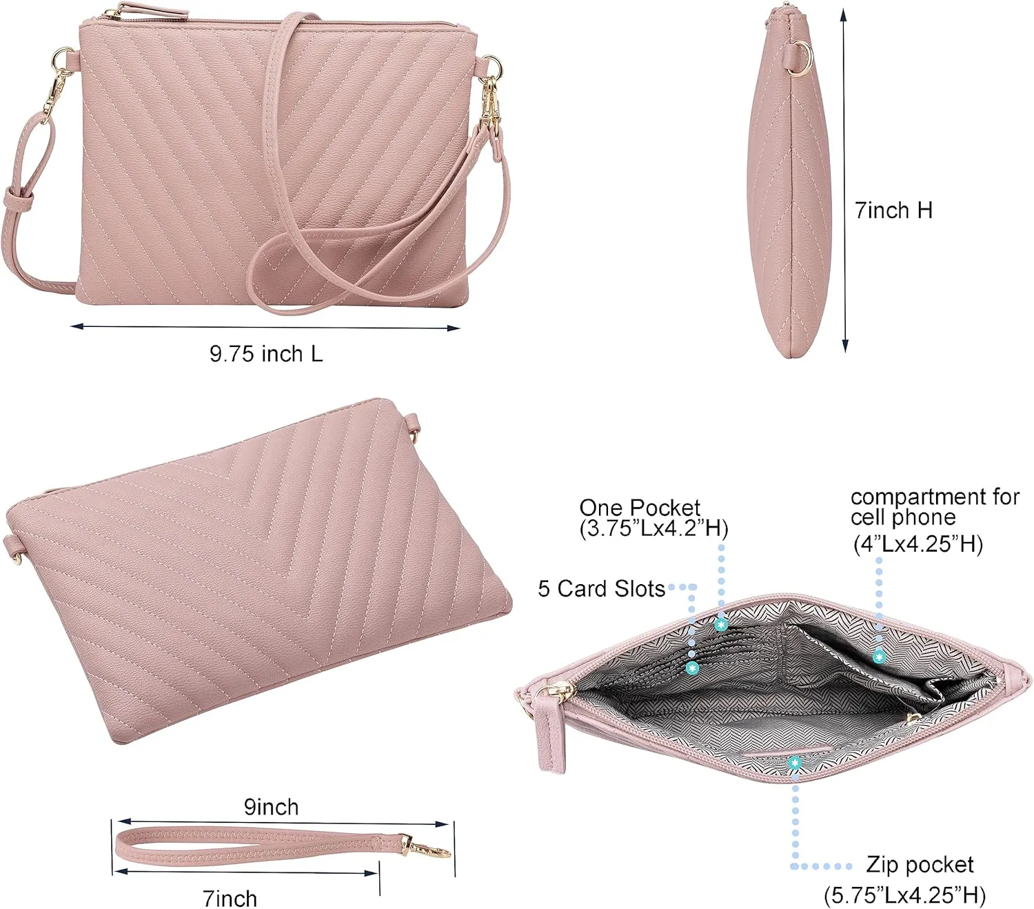 B BRENTANO Chevron Embroidered Crossbody Clutch Bag Pouch with Removable Wristlet & Adjustable Shoulder Strap