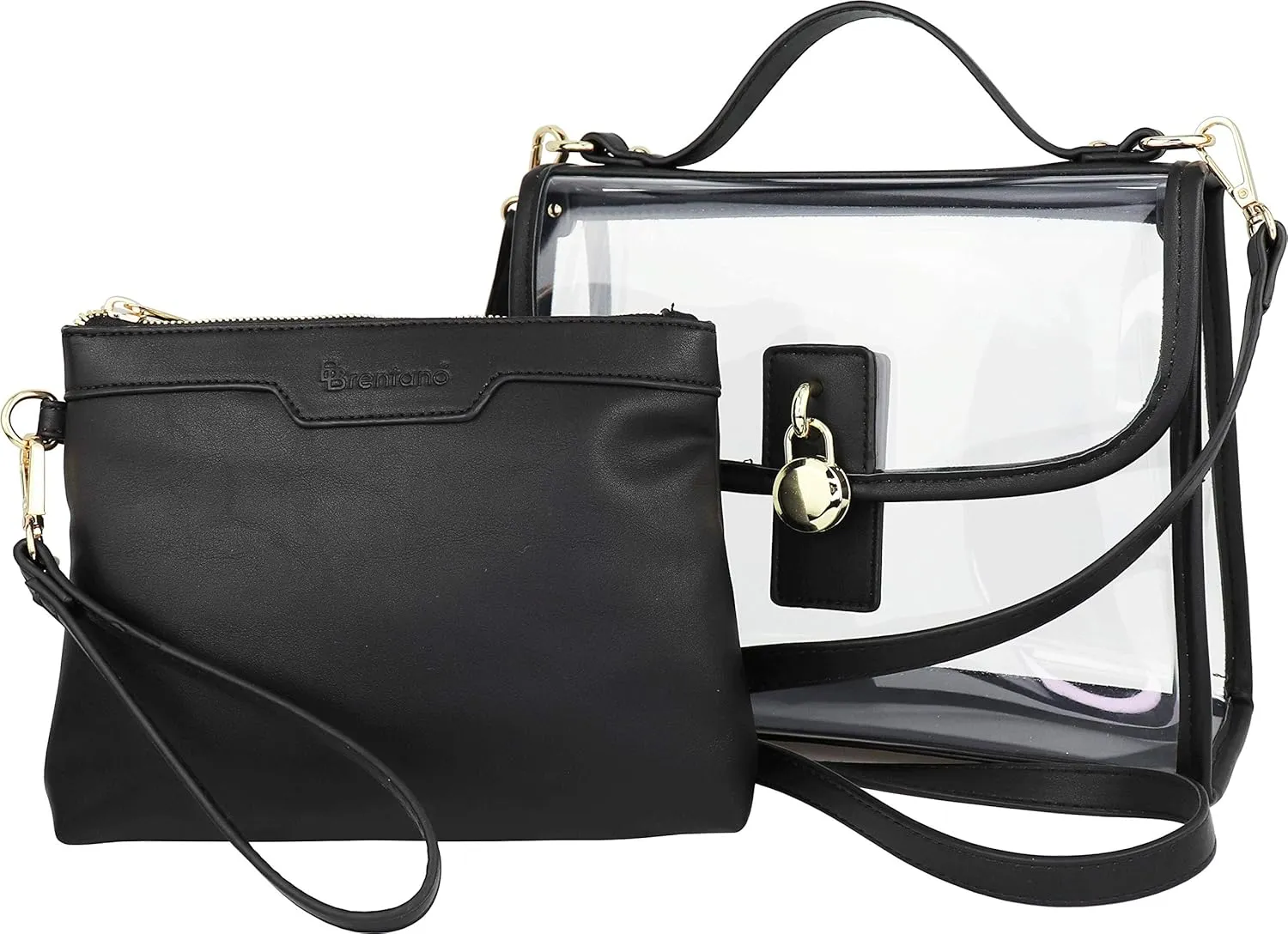 B BRENTANO Clear Top Handle Satchel Crossbody Bag with Removable Wristlet Pouch (Stadium Policy-Compliant Bag)