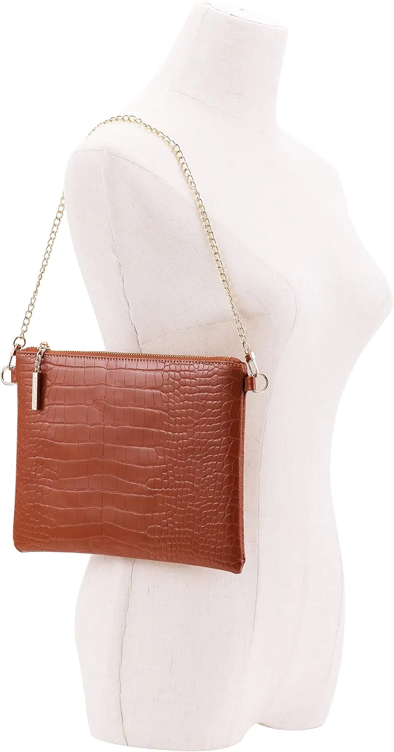 B BRENTANO Vegan Clutch Bag Pouch with removable wristlet and two size metal chain