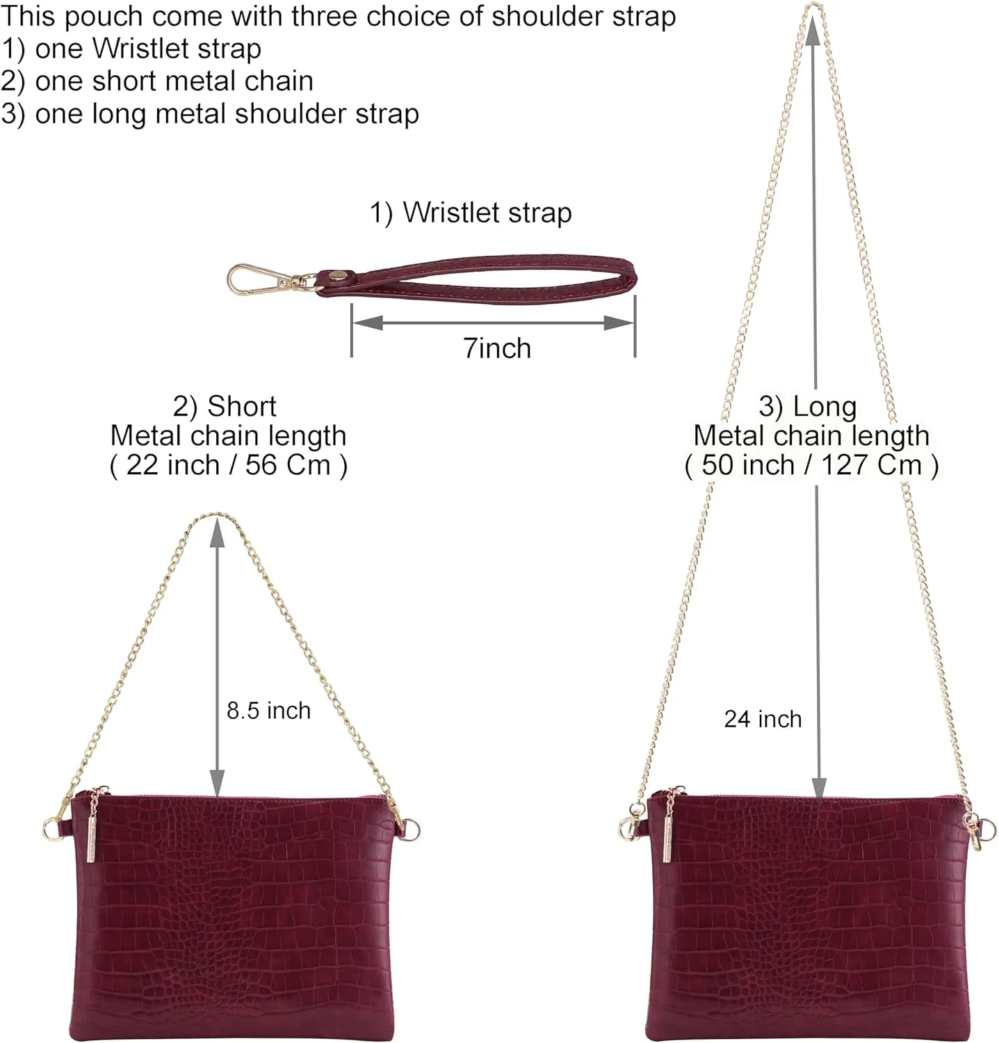 B BRENTANO Vegan Clutch Bag Pouch with removable wristlet and two size metal chain