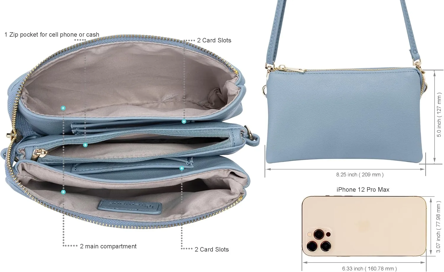 B BRENTANO Vegan Leather Multi-Pocket Crossbody Purse/Clutch with Card Slots, Removable Wristlet & Adjustable Shoulder Strap