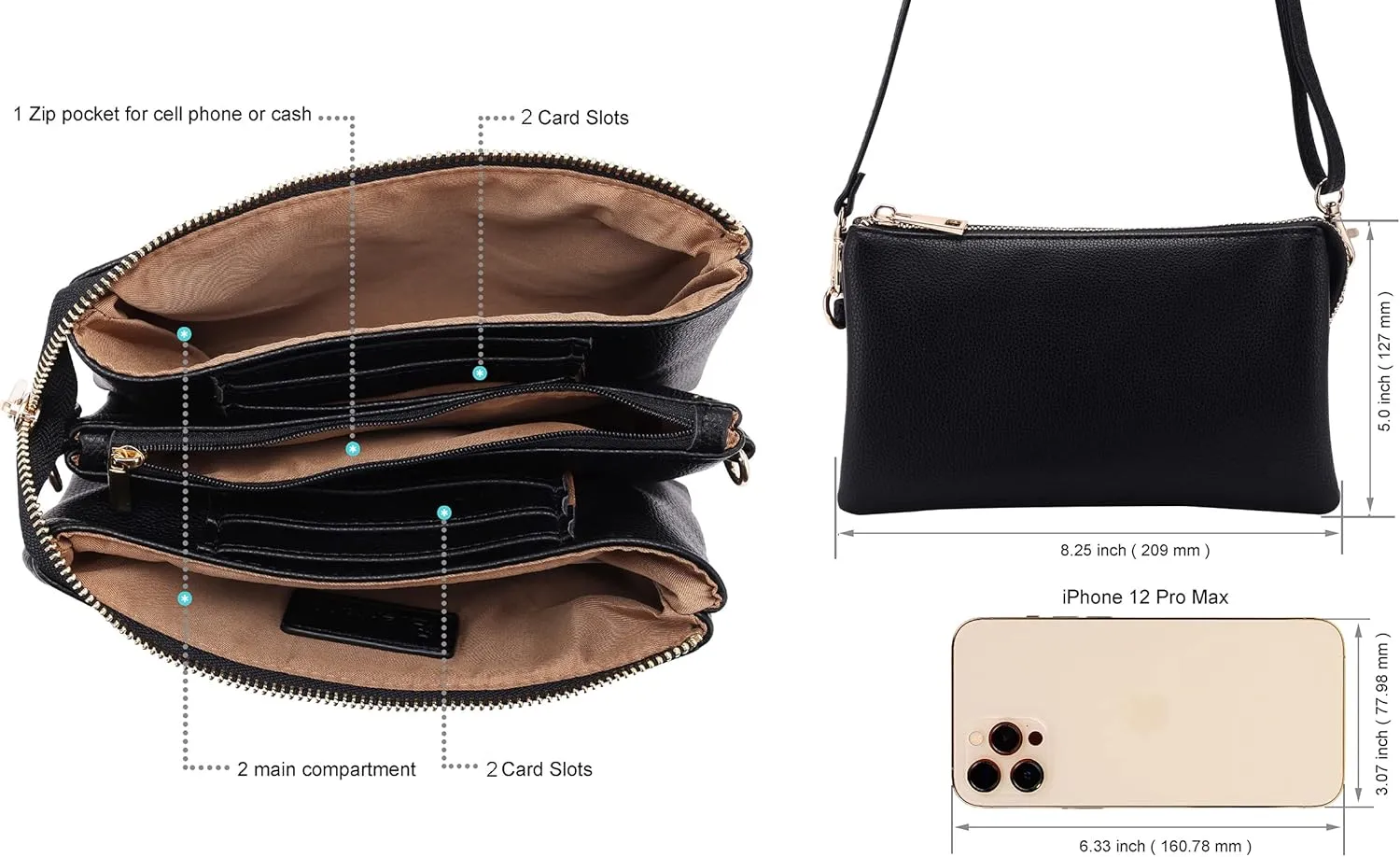 B BRENTANO Vegan Leather Multi-Pocket Crossbody Purse/Clutch with Card Slots, Removable Wristlet & Adjustable Shoulder Strap