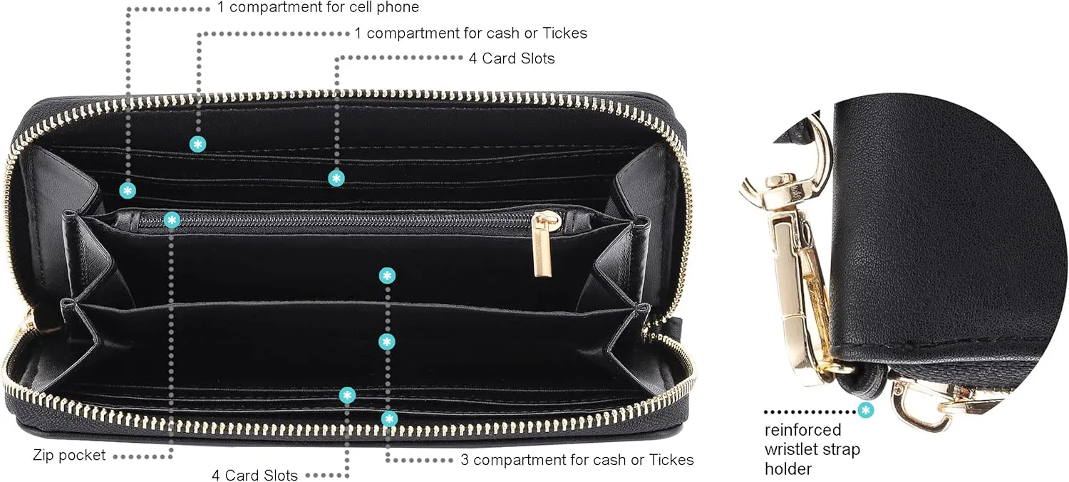 B BRENTANO Vegan Leather Slim Single-Zipper Wallet with Pocket, Wristlet and Tassel Accent (Black)