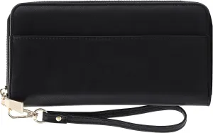 B BRENTANO Vegan Leather Slim Single-Zipper Wallet with Pocket, Wristlet and Tassel Accent (Black)
