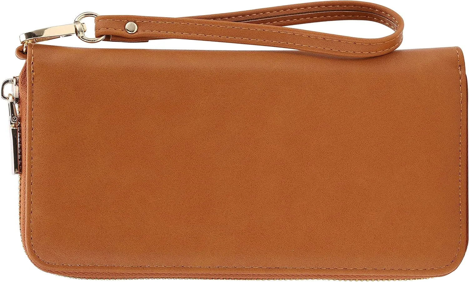 B BRENTANO Vegan Leather Slim Single-Zipper Wallet with Pocket, Wristlet and Tassel Accent (Brown)